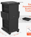 Pro Salon Trolley Cart With Lockable Trays And Holders, Space Saving Mobile Storage For Hair Salons, Black, ABS Material