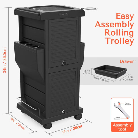 Pro Salon Trolley Cart With Lockable Trays And Holders, Space Saving Mobile Storage For Hair Salons, Black, ABS Material