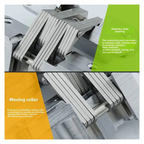 Close-up of heavy duty concealed cross hinge for secret doors featuring stainless steel bearing and moving roller.