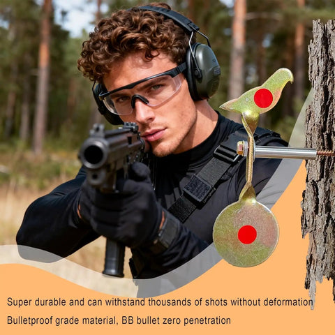 Man aiming rifle at heavy duty 3 pack spinning shooting targets for BB guns and air rifles with auto reset 360 degree spin bird target