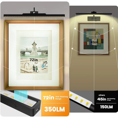 Wireless Rechargeable Picture Light Black 24 Inch Wall Sconce With Remote And Timer shown illuminating framed art at 72in range.