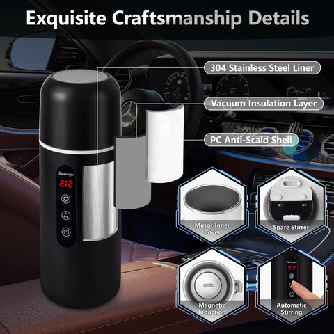 On The Go 12V/24V Car Travel Kettle With 420ml Capacity, Magnetic Stirring, showing components and craftsmanship details in car setting.