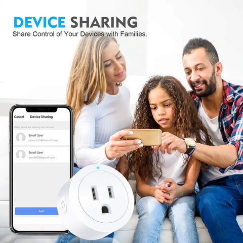 Family using Smart Plug 4 Pack WiFi Outlet Compatible With Alexa And Google Home No Hub Required Hands Free Voice Control.