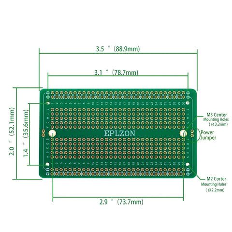 Dimensions of Handy Prototyping Solderable Breadboard Kit Green Gold Plated PCB Boards For DIY Electronics Projects 3.5x2.05 Inches