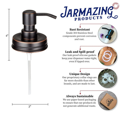 Old School Vintage Oil Rubbed Bronze Mason Jar Soap Dispenser Lids Two Pack For Regular Mouth Jars with features and dimensions