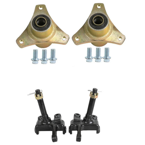3 Stud Front Wheel Hub Steering Knuckle Spindle Kit For Go Kart ATV Quad 110cc 125cc With Gold Or Black Finish Center Hole About 17mm Ships Randomly For Easy DIY Install. Front view of hub and knuckle components, showing gold finish and included bolts.