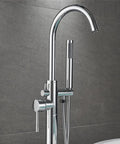 Floor Mounted Chrome Bath Tub Faucet For Clawfoot Tubs with 360 swivel spout and handshower against grey tile wall
