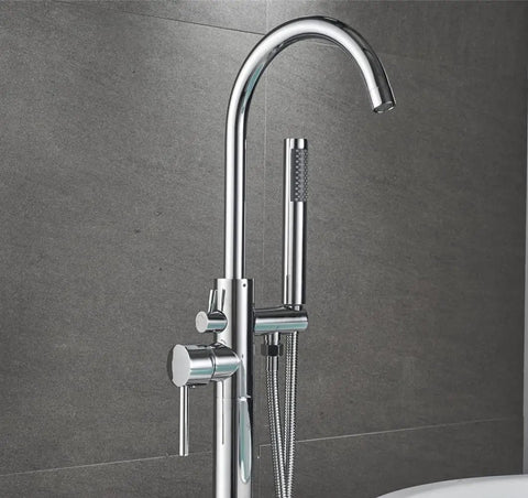 Floor Mounted Chrome Bath Tub Faucet For Clawfoot Tubs with 360 swivel spout and handshower against grey tile wall