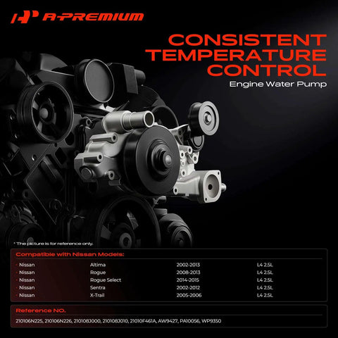 Heavy Duty Engine Water Pump With Drive Pulley And Crankshaft Seal Gasket Assembly Zero Hassle Straight Bolt In Replacement For Nissan Altima Rogue Sentra Xtrail 2.5L L4 Doohc Engines 2002 To 2015 showcased on a black background.