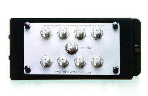 1x8 Enhanced Passive Video Splitter For Coaxial Cable, top view with eight F-type connectors, mounted panel, 1 GHz Bandwidth
