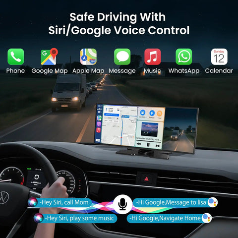 11.5 Inch Wireless CarPlay Screen in car displaying navigation with Siri and Google voice control icons at night