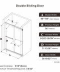 Frameless Double Sliding Shower Door With Adjustable 56 To 60 Inch Width And 76 Inch Height, 8mm Clear Tempered Safety Glass, Matte Black Stainless Steel Hardware, Reversible Left Or Right Door, Modern Bathroom Upgrade shown with dimensions.