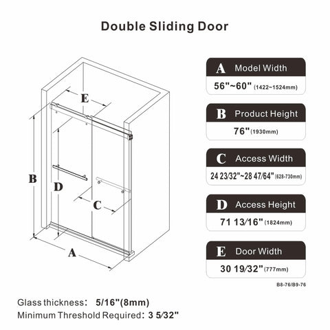 Frameless Double Sliding Shower Door With Adjustable 56 To 60 Inch Width And 76 Inch Height, 8mm Clear Tempered Safety Glass, Matte Black Stainless Steel Hardware, Reversible Left Or Right Door, Modern Bathroom Upgrade shown with dimensions.