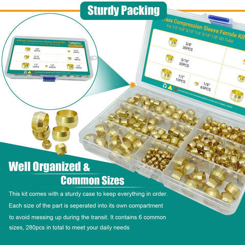 Brass compression sleeve ferrule kit, 280pcs in clear case, 6 sizes (1/8–1/2 in) for tube fittings