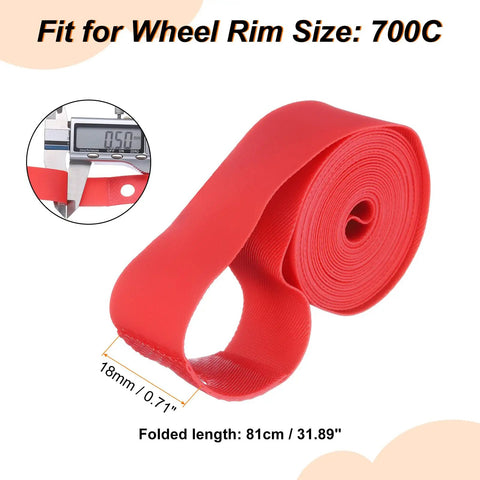 PVC Rim Tape 700C And 18mm 4 Pack Lightweight Wheel Rim Liner Guard Anti Scratch Cushion Pad Protector For Road MTB And Hybrid Bikes Inner Tube Tape Fits Most Rims, displayed unrolled with measurement details.