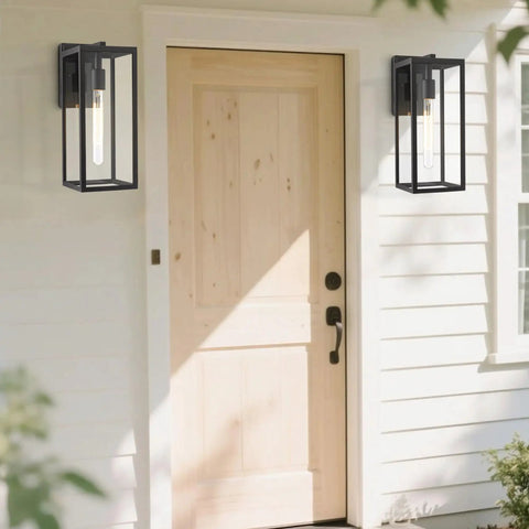 Lit Outdoor Wall Lantern Sconce 13.4 Inch Tall Anti Rust Metal Frame Weatherproof Exterior Light mounted beside door