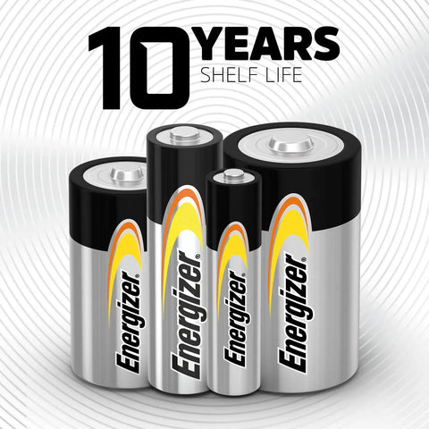 Dependable Alkaline Double A Batteries 32 Pack stacked, showcasing 10-year shelf life for long-lasting power.