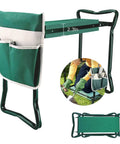 Heavy Duty Garden Kneeler And Seat Stool With Folding Bench Large Tool Pocket Soft EVA Kneeling Pad Knee Saver shown folded and in use