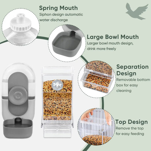 No Drama Spill Proof Bird Water Dispenser And Easy Fill Feeder Tray For Parrot Cages with large bowl mouth design and clear seed tray.