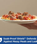 Top Shelf Pathways Heavy Weight Plates In Crisp White measuring eight and a half inches with spaghetti and meatballs on a hand-held plate.