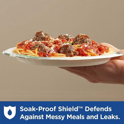 Top Shelf Pathways Heavy Weight Plates In Crisp White measuring eight and a half inches with spaghetti and meatballs on a hand-held plate.