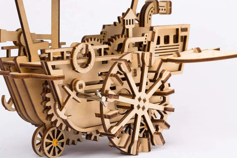 3D Jigsaw Puzzle Construction Set DIY Mechanical Model Build Kit Laser Cut Woodcraft Puzzle Challenge Gift For Adults And Teens Air Vehicle With Dope Clockwork Mechanism For Hands On Building Fun showing detailed gears and wood construction.