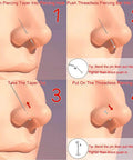 Step-by-step guide showing Threadless Piercing Tapers Set Go To For Changing And Insertion Tools 16G 18G 20G usage on nose piercing.