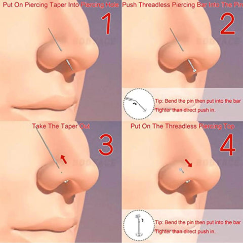Step-by-step guide showing Threadless Piercing Tapers Set Go To For Changing And Insertion Tools 16G 18G 20G usage on nose piercing.