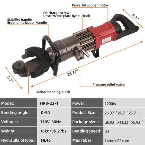 Heavy Duty 1200W Electric Rebar Bender Steel Bar Bending Tool 110V Hydraulic Bender showing a powerful copper motor and rebar bending block.