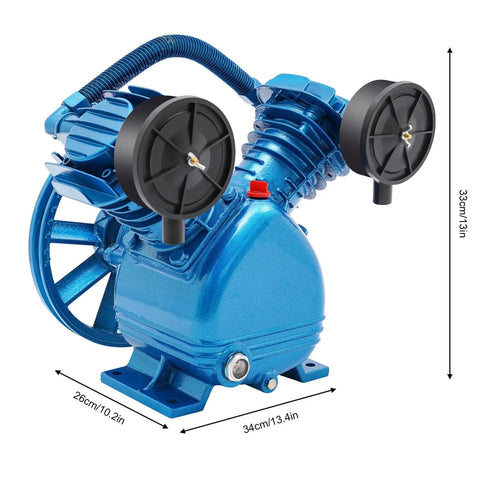 Heavy Duty 3HP Air Compressor Head Pump With Twin Cylinder Motor And Belt Drive. 115 PSI Discharge Pressure For Portable Tool Projects. Cast Iron Construction Ensures Durability And Smooth, Quiet Operation. Includes Two Air Filters And Silencers For Peak