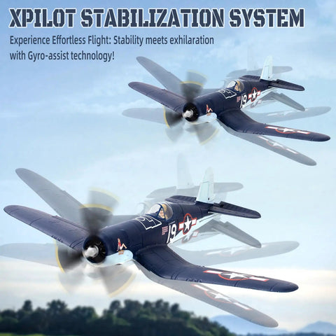 Brushless 4CH RC Plane With 500mm Wingspan F4U Fighter in flight demonstrating stabilization system under blue sky.