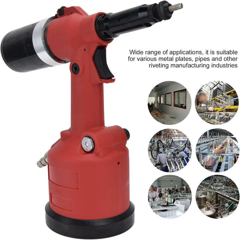 Pneumatic Rivet Nut Setting Kit For M3 To M12 Nuts, Air Powered Riveter Gun in red, shown with industrial applications