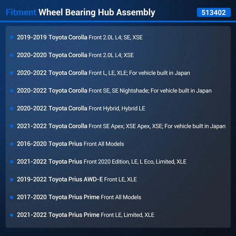 Fitment details for Front Wheel Hub And Bearing Assembly For Toyota Corolla 2019-2022 And Prius 2016-2022 and others