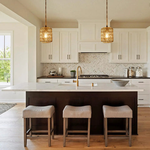 Handcrafted Boho Rattan Plug In Pendant Light With Six Watt Led Bulb And Warm 3000k Glow featuring dimmer hung over kitchen island.