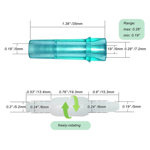 Blue plastic oxygen tubing swivel connector, side view, female end, 360-degree rotating design.