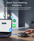 PowerConf Conference Speakerphone with Six Mics 360 Degree Voice Pickup and Zoom Certified Bluetooth 5.3 next to laptop