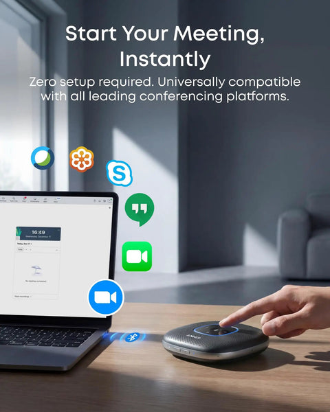 PowerConf Conference Speakerphone with Six Mics 360 Degree Voice Pickup and Zoom Certified Bluetooth 5.3 next to laptop