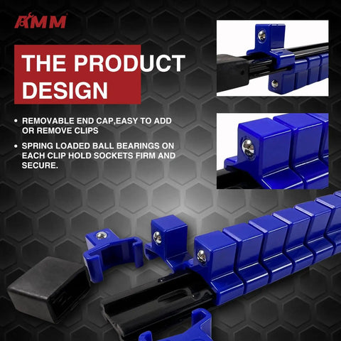 Close-up of Heavy Duty ABS Socket Organizer Rack With Nine Piece Set showcasing removable end cap and spring-loaded ball bearings.