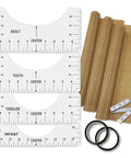 DIY T Shirt Alignment Tool Kit With Heat Resistant Tape And PTFE Teflon Transfer Sheets Four Ruler Sizes Two Rolls Heat Resistant Tape Three Packs PTFE Sheets And One Tape Measure Included For Quick Centered Transfers, showing rulers, tape, and sheets.