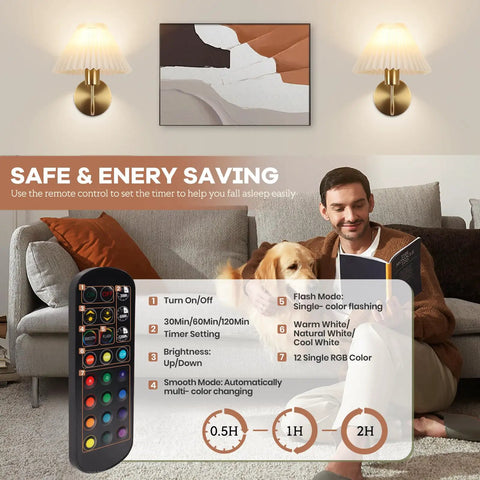 Cozy living room with Two Pack Battery Operated Wall Sconces With Pleated Shades illuminating a room, remote control in foreground
