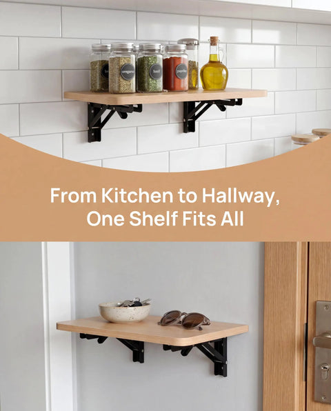 Slick Folding Wall Mounted Projector Shelf In Solid Natural Wood, Compact Floating Bracket For Routers And Cable Boxes, Dead Simple Setup For Any Cozy Home Theater Or Gaming Nook in kitchen setting.