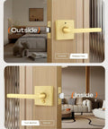 Gold Finished Heavy Duty Interior Door Handle Set With No Fuss Privacy Lever For Bedroom And Bathroom showing exterior and interior view.
