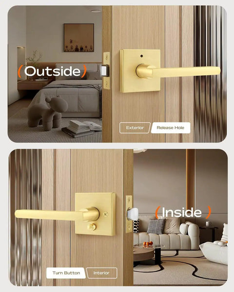4 Pack Satin Brass Privacy Door Levers For Bedroom And Bath Left Or Right Handed Gold Finish Bed And Bath Leverset Lockset With Inside Thumb Turn Locking installed on bedroom and living room doors