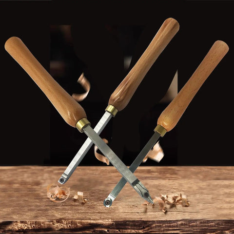 Rugged Woodturning Carbide Lathe Tool Set Of 3 With 6 Carbide Inserts Tool Heads on wooden surface, ergonomic beech handles