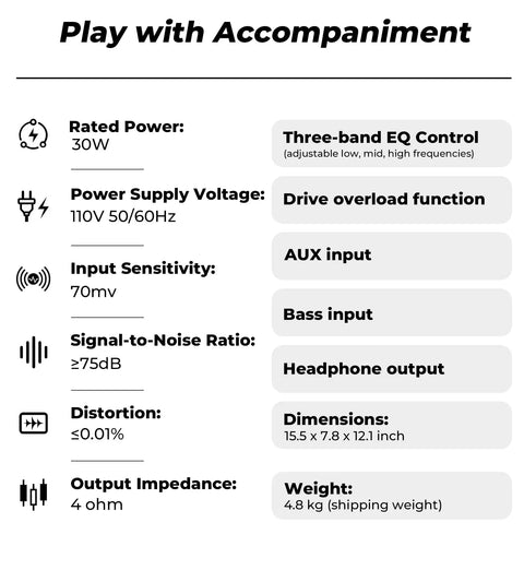 Specs for Portable 30W Bass Amp With 8 Inch Speaker Built In Overdrive And Mid Scoop Contour showing features and dimensions.