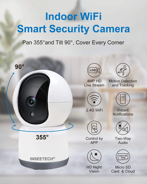 4MP Wireless Indoor Security Camera For Busy Homes With 355 Degree Pan And 90 Degree Tilt, 2.4GHz WiFi features overview.