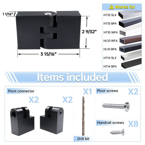 Vertical Pivot Connector For Flat Handrails 0 To 90 Degree Adjustable Fittings For HT10 HL10 HL14 Stair Rails Heavy Duty POM Material 2 Pack HA23 BNP Easy Install And Rock Solid Support image showing components and dimensions