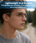 Young man wearing Gold Eyeglasses Repair Kit With Temple Arms Replacement Parts And Soft Nose Pads Plus Compact Screwdriver for durability.
