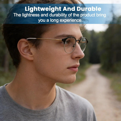 Young man wearing Gold Eyeglasses Repair Kit With Temple Arms Replacement Parts And Soft Nose Pads Plus Compact Screwdriver for durability.