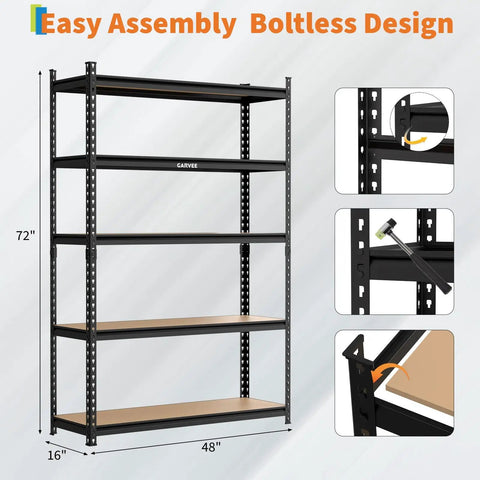 Rock Solid Five Tier Heavy Duty Storage Rack With Thick Mdf Boards And Customizable Spacing For Garage Warehouse And Pantry showing 72x48 inch frame.